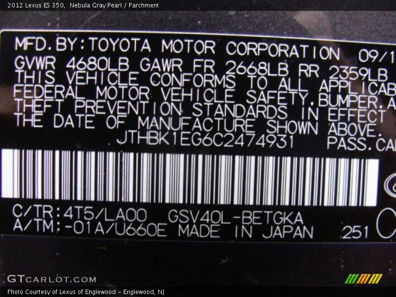 Nebula Gray Pearl / Parchment 2012 Lexus ES 350