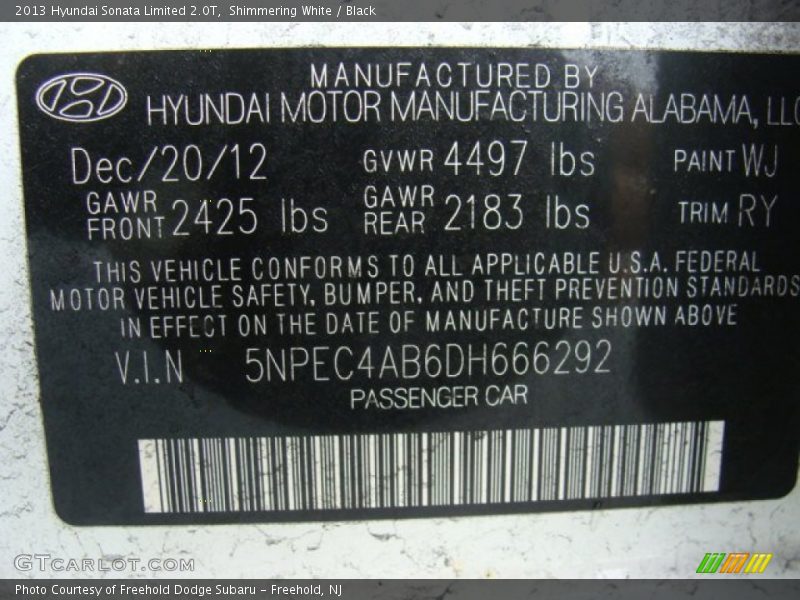 Shimmering White / Black 2013 Hyundai Sonata Limited 2.0T