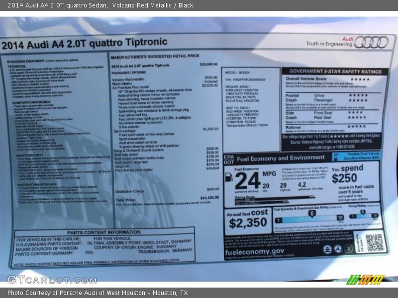  2014 A4 2.0T quattro Sedan Window Sticker