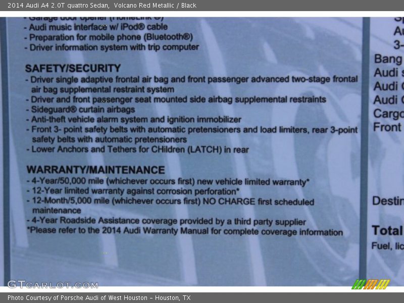  2014 A4 2.0T quattro Sedan Window Sticker