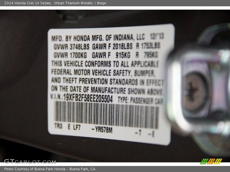 2014 Civic LX Sedan Urban Titanium Metallic Color Code YR578M