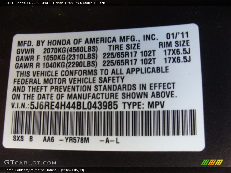Urban Titanium Metallic / Black 2011 Honda CR-V SE 4WD
