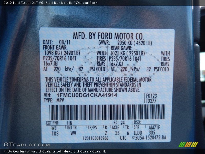 Steel Blue Metallic / Charcoal Black 2012 Ford Escape XLT V6