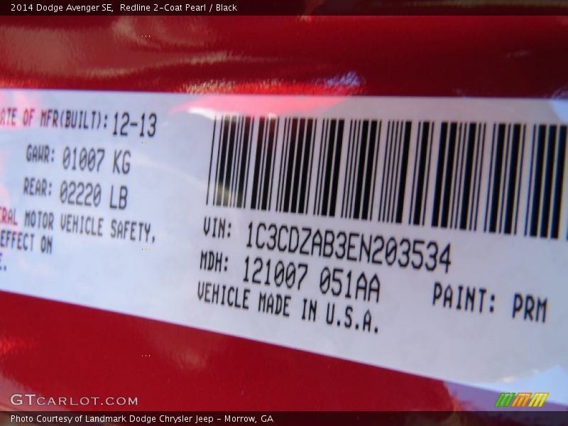 Redline 2-Coat Pearl / Black 2014 Dodge Avenger SE