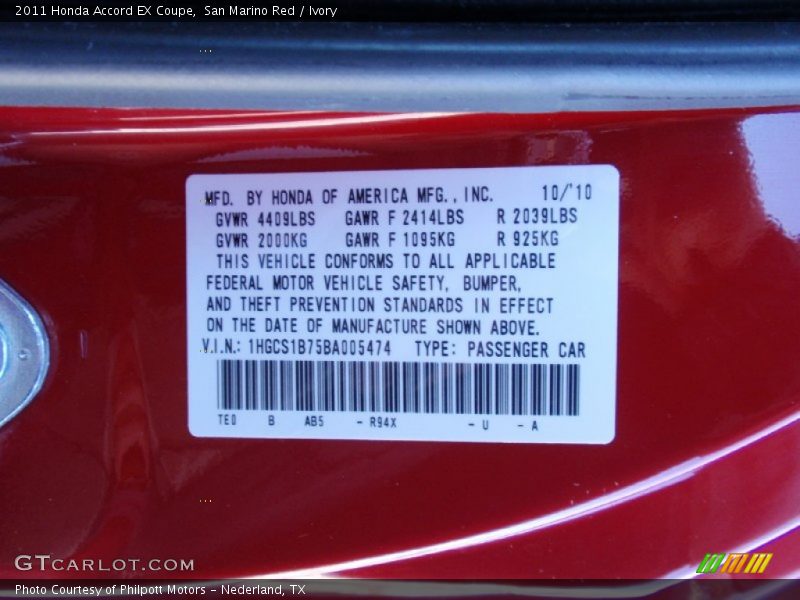 San Marino Red / Ivory 2011 Honda Accord EX Coupe