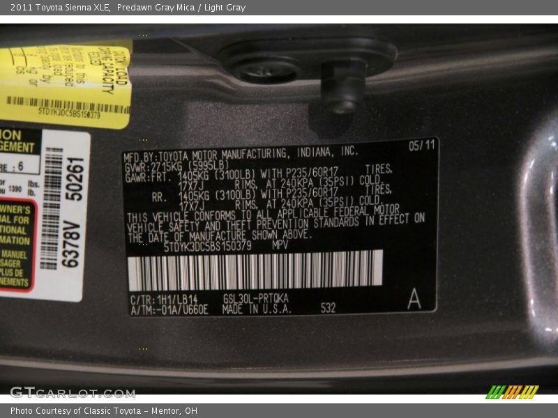 Predawn Gray Mica / Light Gray 2011 Toyota Sienna XLE