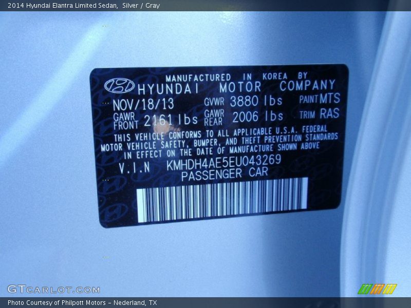 Silver / Gray 2014 Hyundai Elantra Limited Sedan