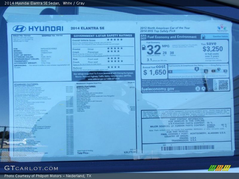  2014 Elantra SE Sedan Window Sticker