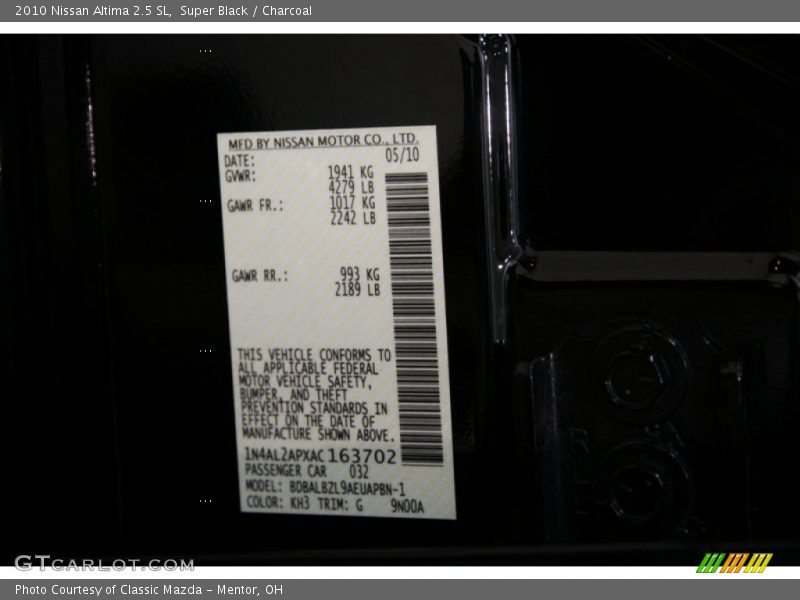 Super Black / Charcoal 2010 Nissan Altima 2.5 SL