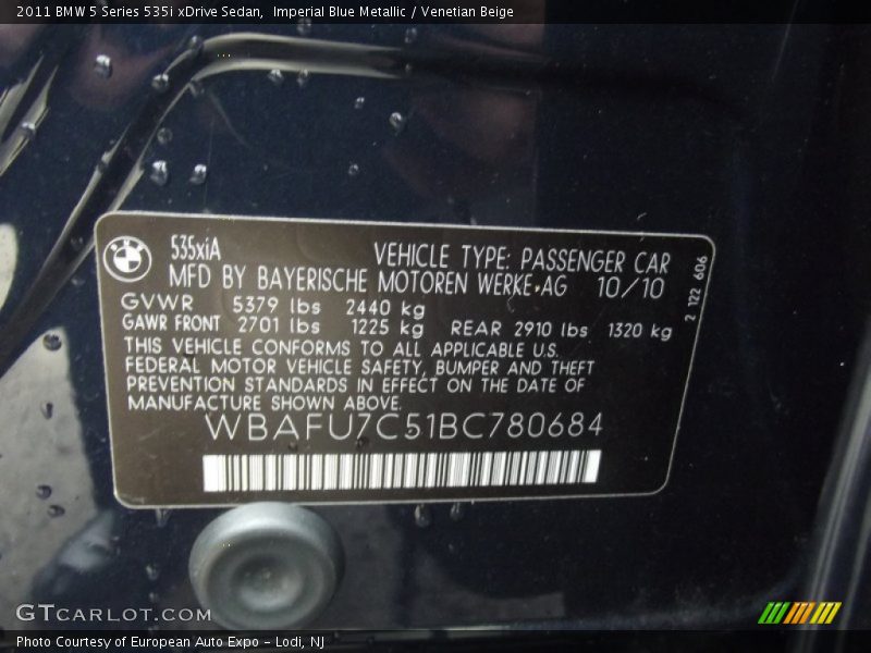 Imperial Blue Metallic / Venetian Beige 2011 BMW 5 Series 535i xDrive Sedan