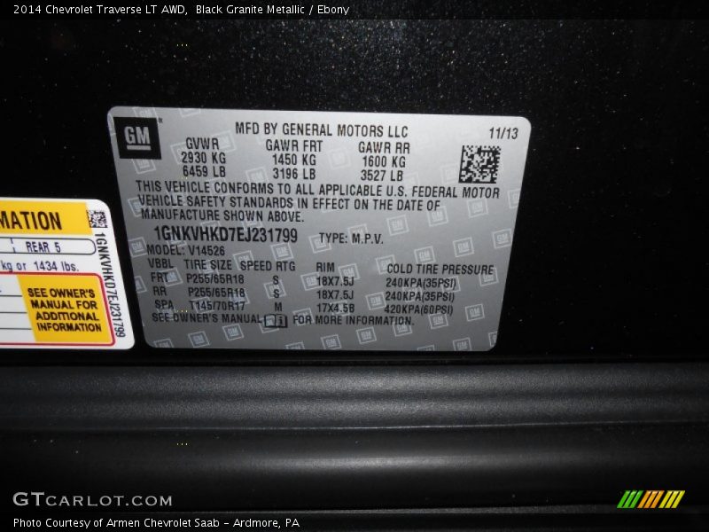 Black Granite Metallic / Ebony 2014 Chevrolet Traverse LT AWD