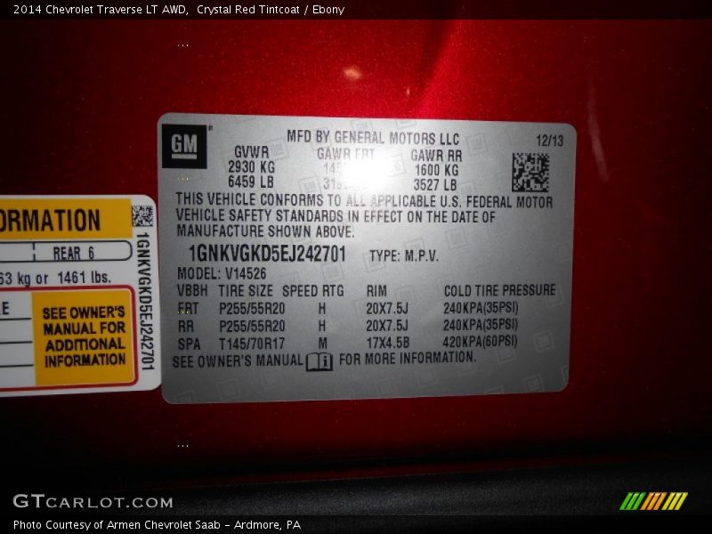 Crystal Red Tintcoat / Ebony 2014 Chevrolet Traverse LT AWD