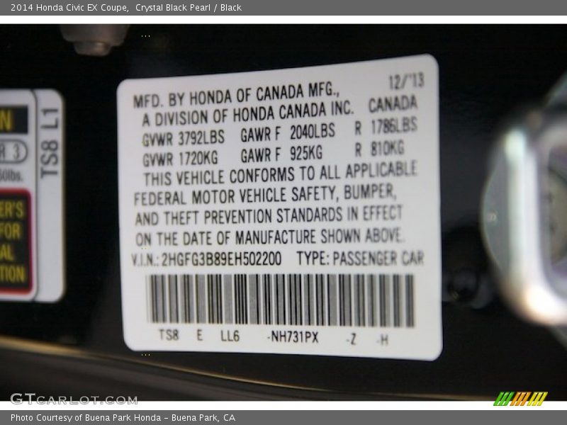 2014 Civic EX Coupe Crystal Black Pearl Color Code NH731PX
