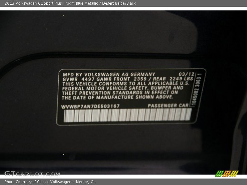 Night Blue Metallic / Desert Beige/Black 2013 Volkswagen CC Sport Plus