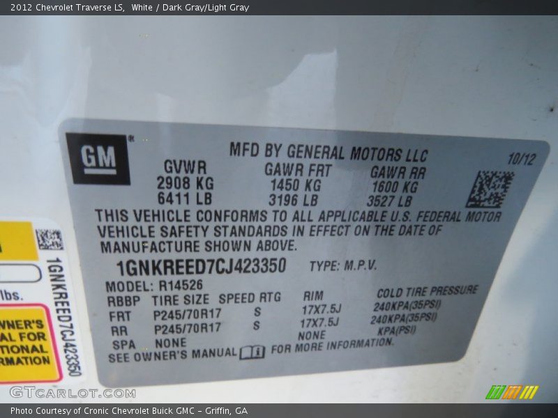 White / Dark Gray/Light Gray 2012 Chevrolet Traverse LS