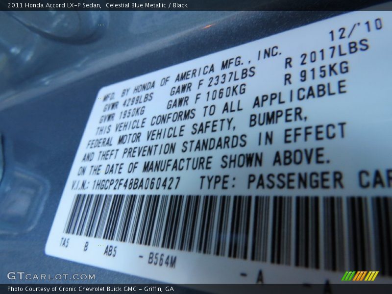 Celestial Blue Metallic / Black 2011 Honda Accord LX-P Sedan