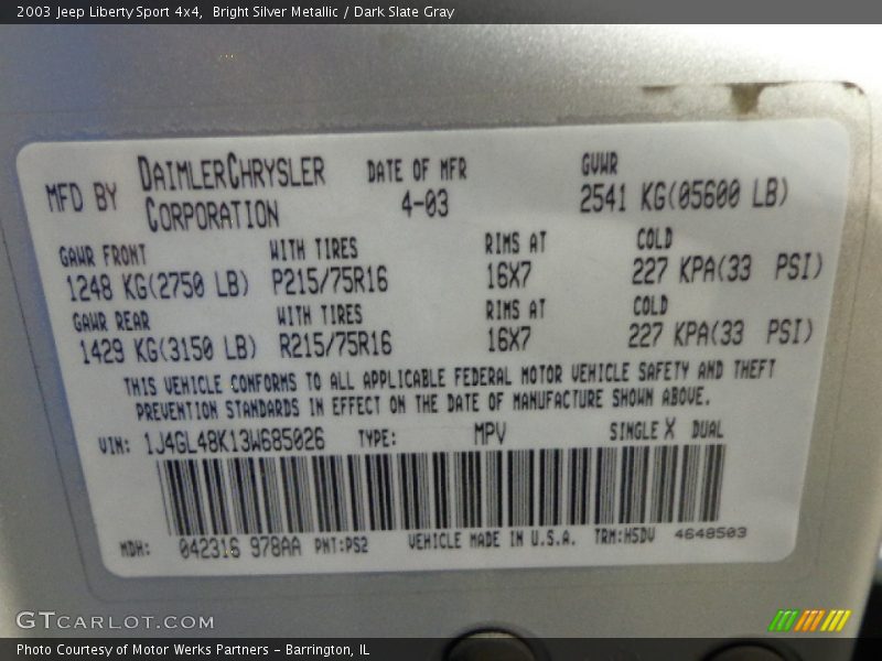 Bright Silver Metallic / Dark Slate Gray 2003 Jeep Liberty Sport 4x4
