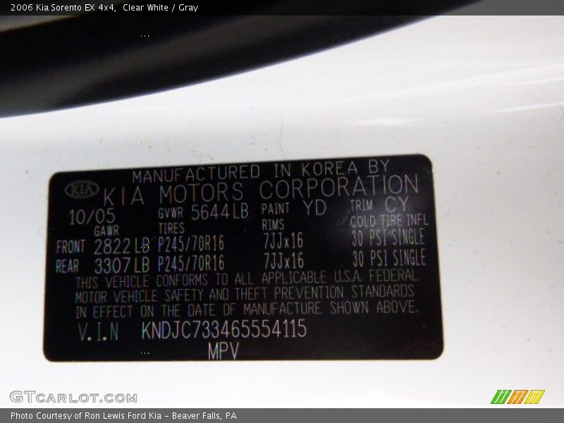 2006 Sorento EX 4x4 Clear White Color Code YD