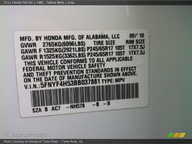 Taffeta White / Gray 2011 Honda Pilot EX-L 4WD