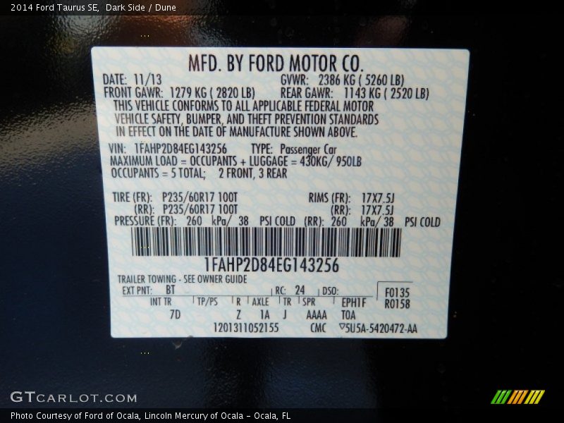 2014 Taurus SE Dark Side Color Code BT