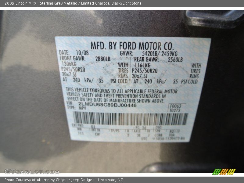 Sterling Grey Metallic / Limited Charcoal Black/Light Stone 2009 Lincoln MKX