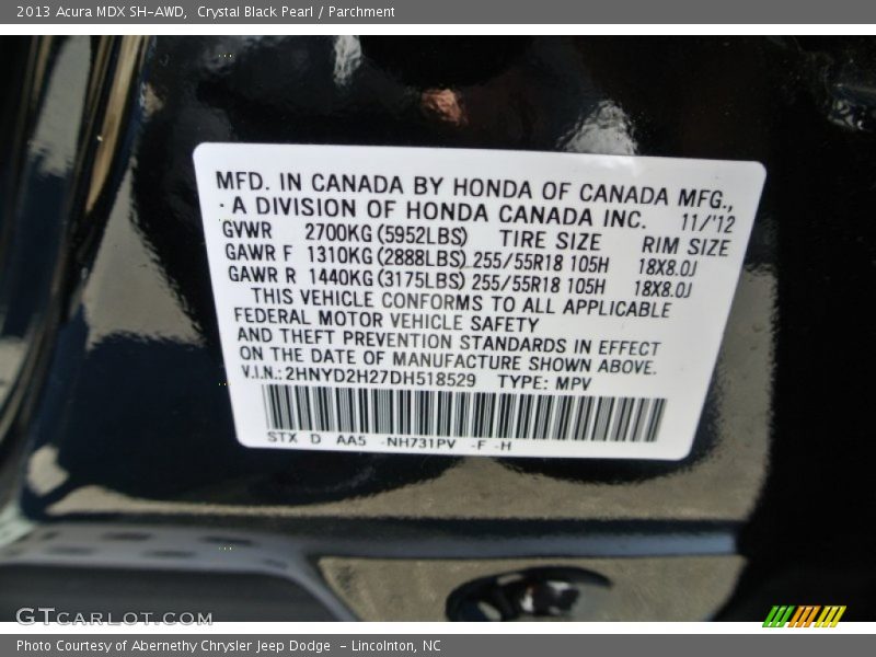 2013 MDX SH-AWD Crystal Black Pearl Color Code NH731PV
