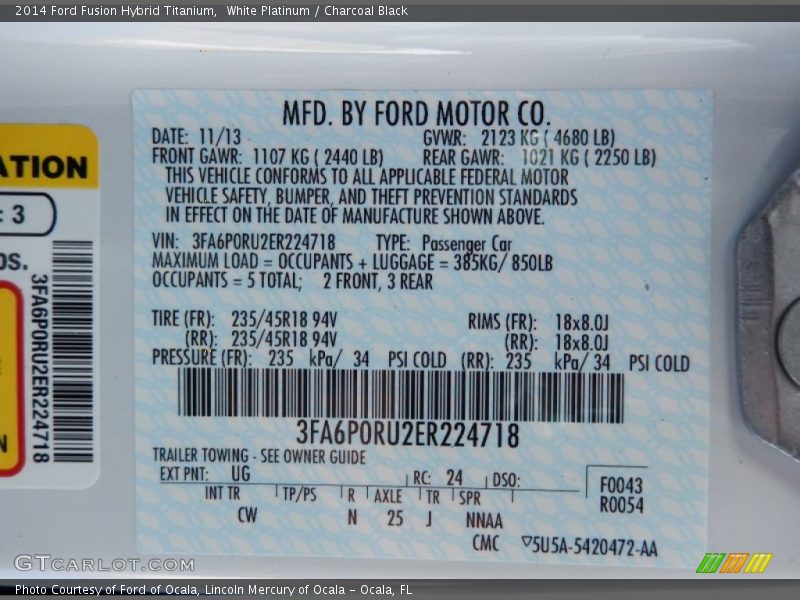2014 Fusion Hybrid Titanium White Platinum Color Code UG