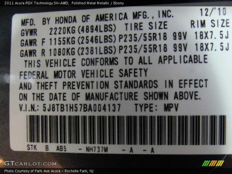 Polished Metal Metallic / Ebony 2011 Acura RDX Technology SH-AWD