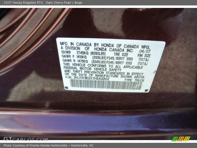 Dark Cherry Pearl / Beige 2007 Honda Ridgeline RTX