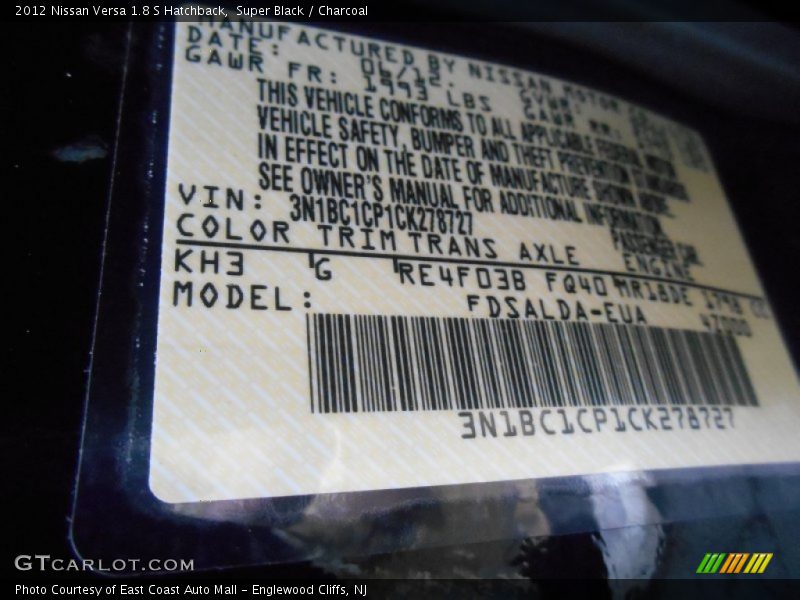 Super Black / Charcoal 2012 Nissan Versa 1.8 S Hatchback