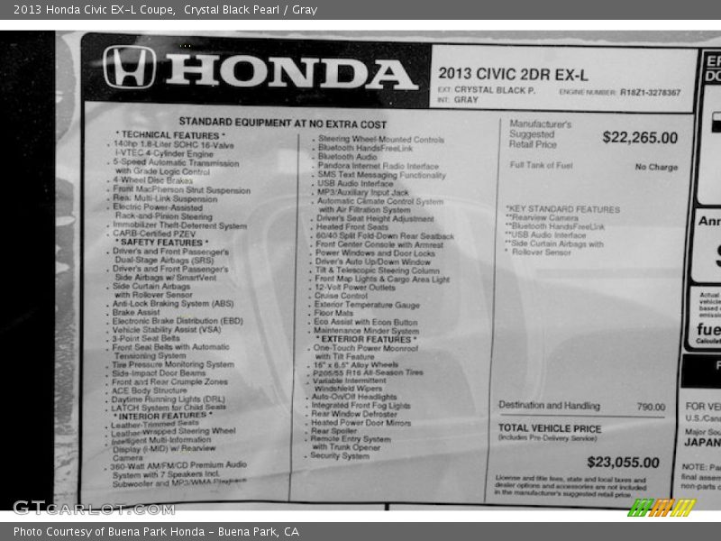 Crystal Black Pearl / Gray 2013 Honda Civic EX-L Coupe