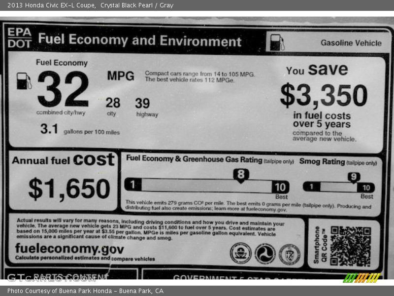 Crystal Black Pearl / Gray 2013 Honda Civic EX-L Coupe