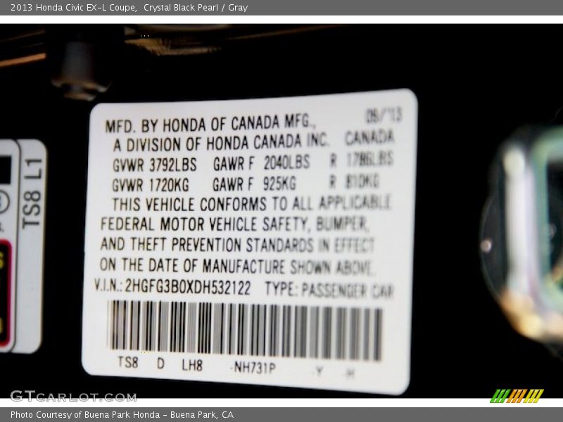 Crystal Black Pearl / Gray 2013 Honda Civic EX-L Coupe