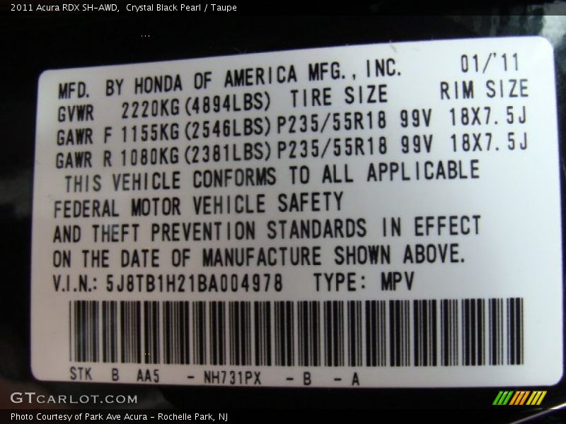 Crystal Black Pearl / Taupe 2011 Acura RDX SH-AWD