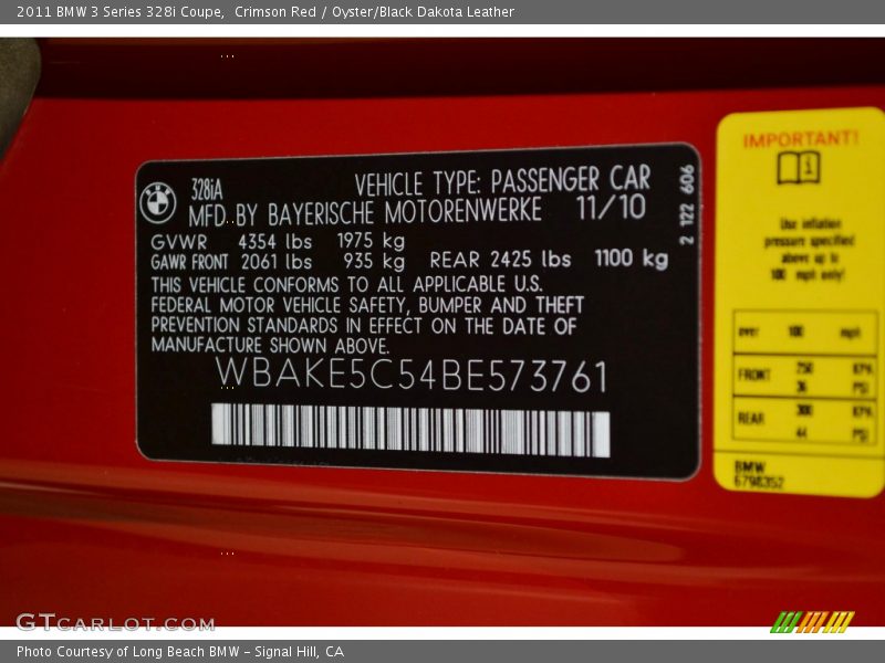 Crimson Red / Oyster/Black Dakota Leather 2011 BMW 3 Series 328i Coupe