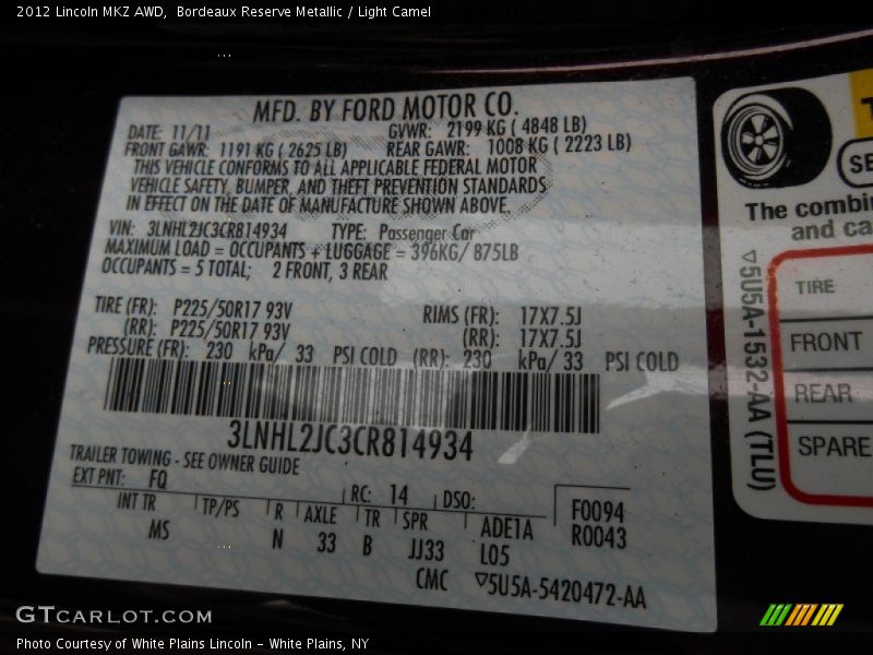 2012 MKZ AWD Bordeaux Reserve Metallic Color Code FQ