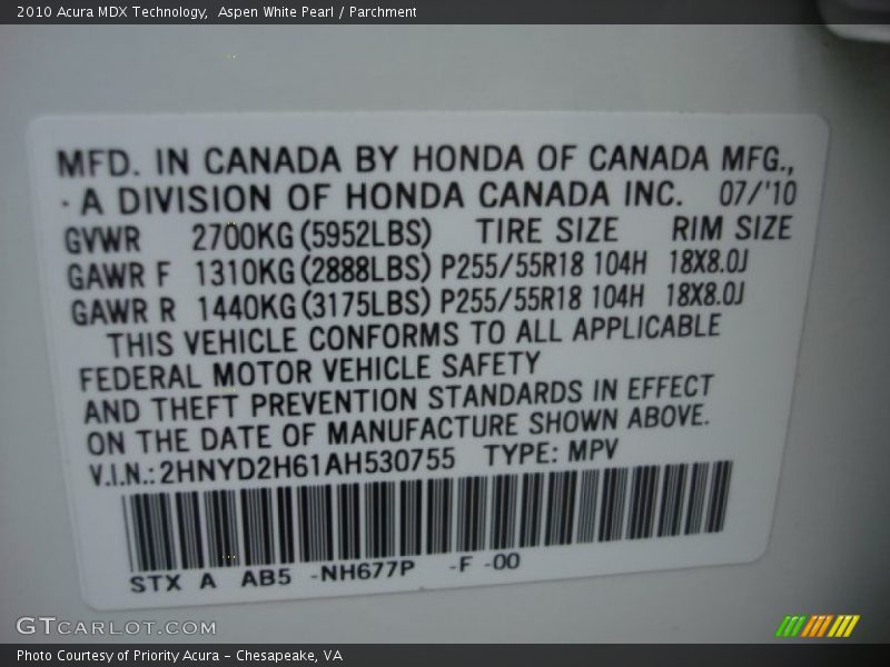 Aspen White Pearl / Parchment 2010 Acura MDX Technology