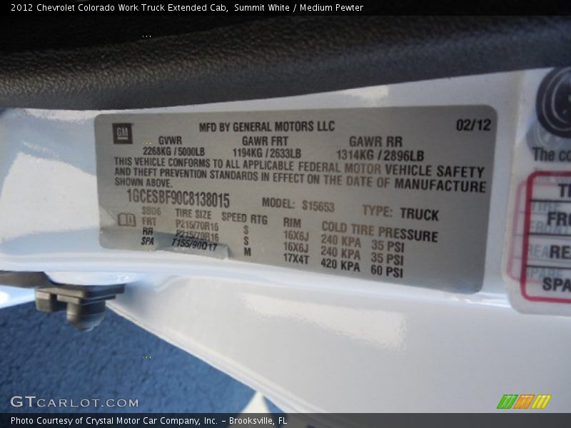 Summit White / Medium Pewter 2012 Chevrolet Colorado Work Truck Extended Cab
