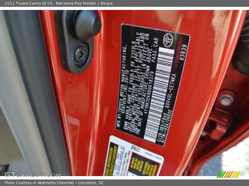 Barcelona Red Metallic / Bisque 2011 Toyota Camry LE V6