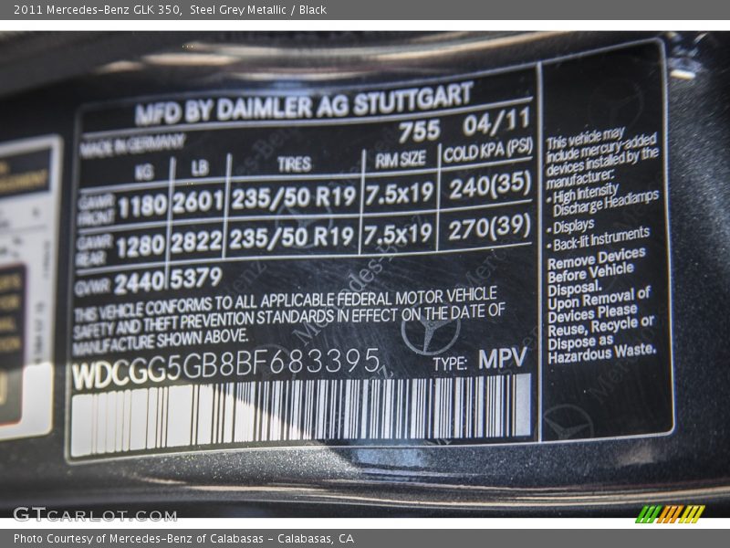 Steel Grey Metallic / Black 2011 Mercedes-Benz GLK 350