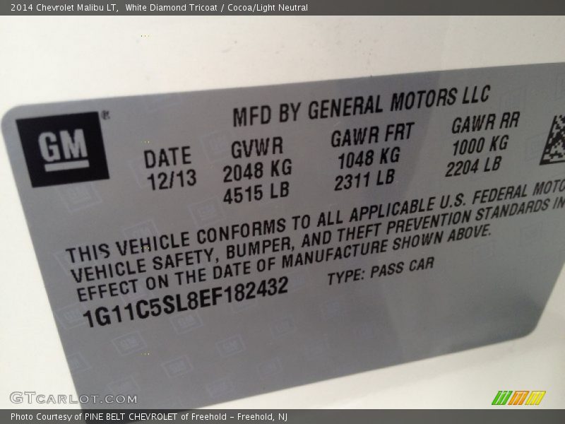 White Diamond Tricoat / Cocoa/Light Neutral 2014 Chevrolet Malibu LT
