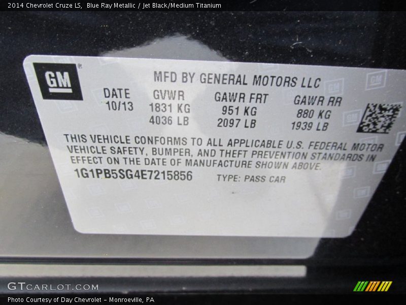 Blue Ray Metallic / Jet Black/Medium Titanium 2014 Chevrolet Cruze LS