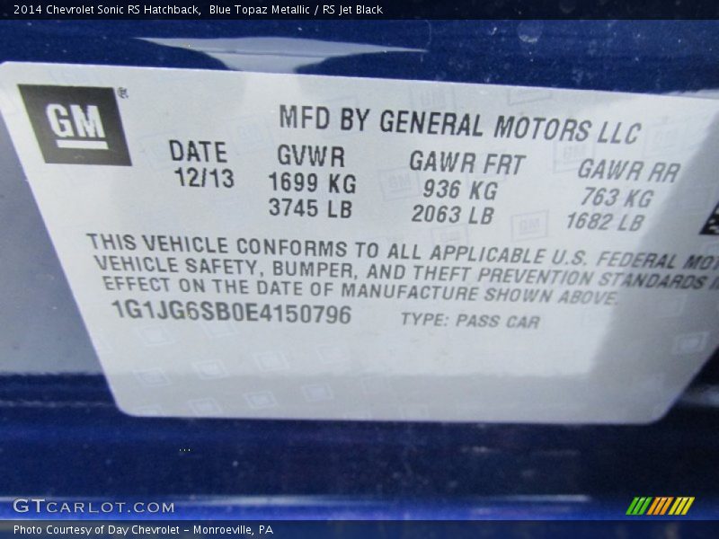 Blue Topaz Metallic / RS Jet Black 2014 Chevrolet Sonic RS Hatchback