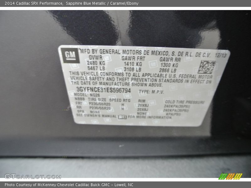 Sapphire Blue Metallic / Caramel/Ebony 2014 Cadillac SRX Performance