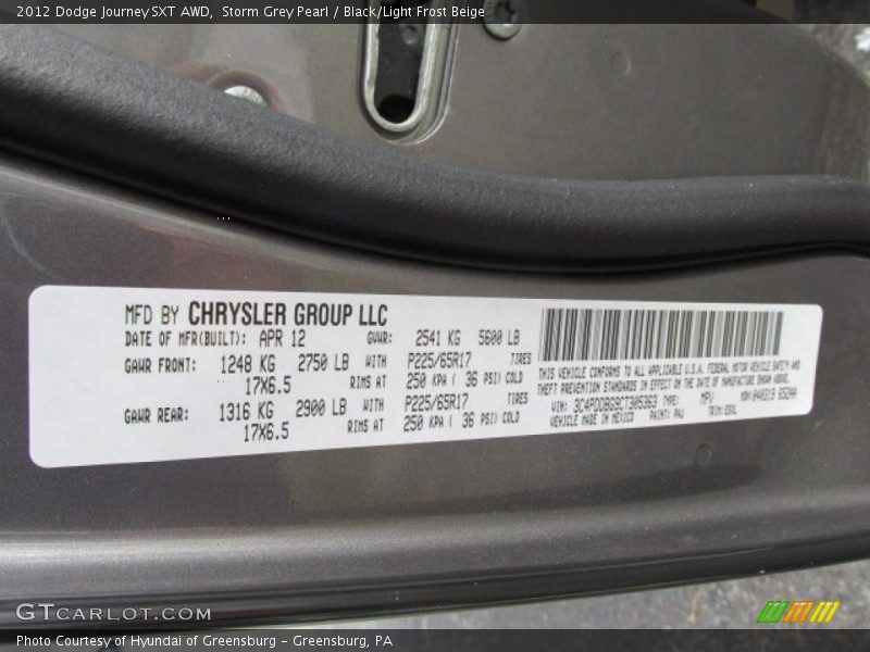 Storm Grey Pearl / Black/Light Frost Beige 2012 Dodge Journey SXT AWD