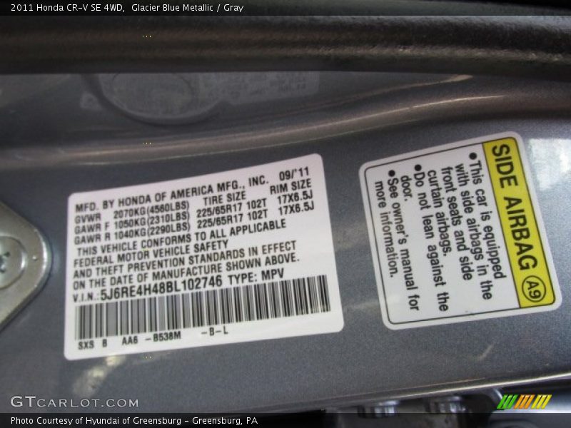 Glacier Blue Metallic / Gray 2011 Honda CR-V SE 4WD