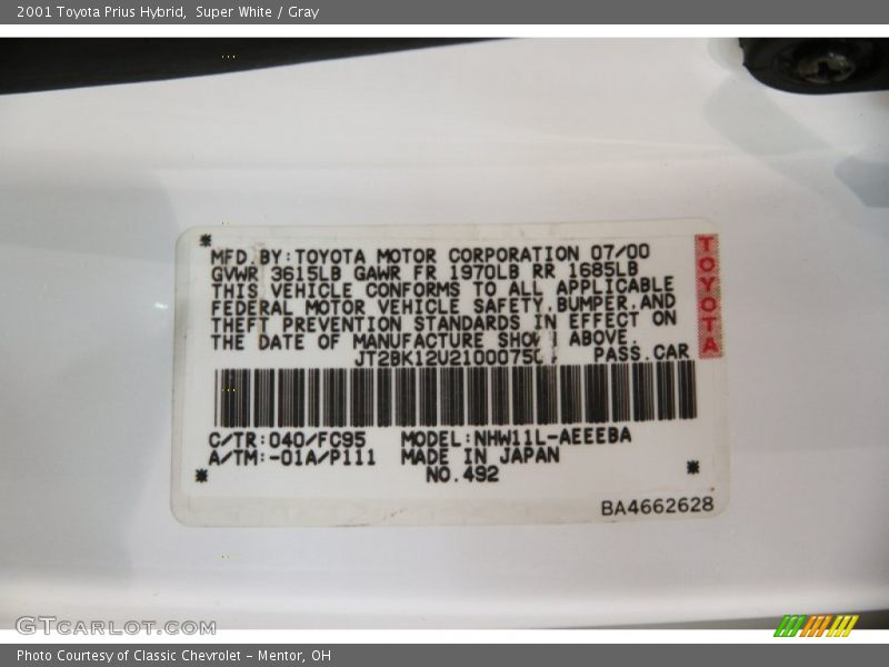 Super White / Gray 2001 Toyota Prius Hybrid