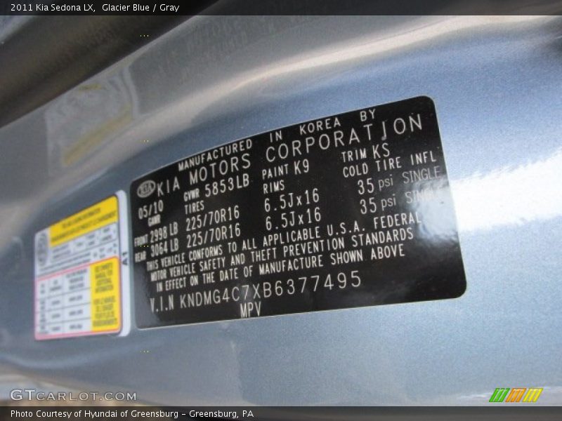 2011 Sedona LX Glacier Blue Color Code K9