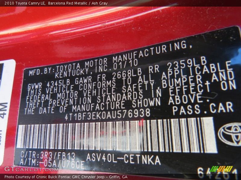 Barcelona Red Metallic / Ash Gray 2010 Toyota Camry LE