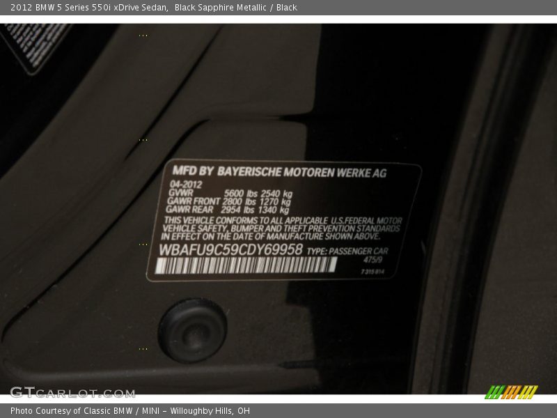 Black Sapphire Metallic / Black 2012 BMW 5 Series 550i xDrive Sedan